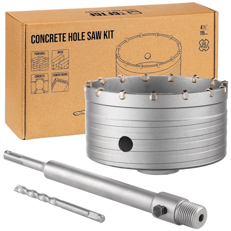 TGFTGF 115mm Concrete Hole Saw Kit, Tungsten Carbide Masonry Hole Saw Kit with 250mm SDS Plus Bit Shank Drill Bit Sets for Concrete, Brick, Stone, Cement, Tile, Wall Drilling - Image 1